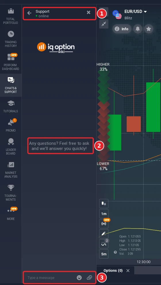 IQ Option support chat open in the left panel showing Support online, the text Any questions? Feel free to ask and we'll answer you quickly, and the Type a message field