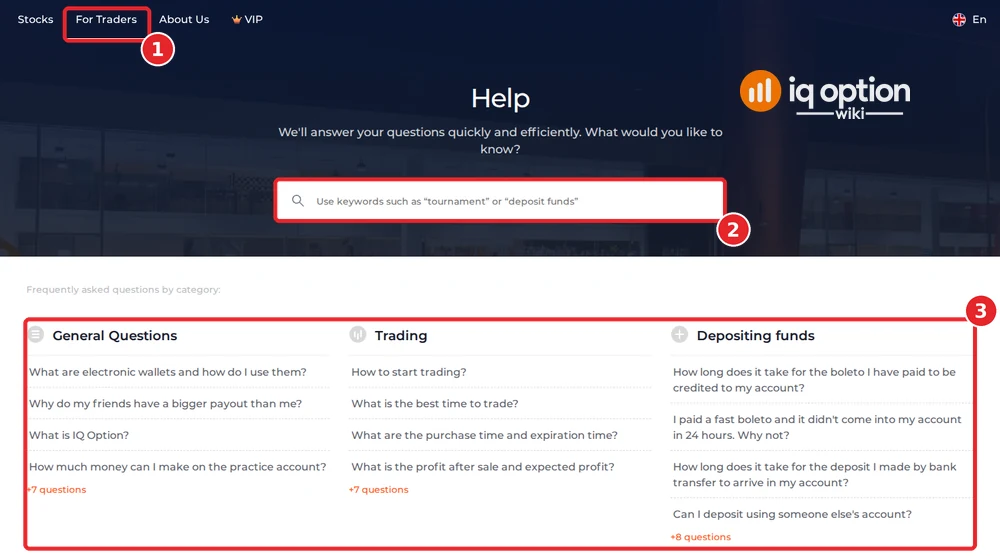 IQ Option Help page with the For Traders menu, the keyword search field and the first three question categories General Questions, Trading and Depositing funds