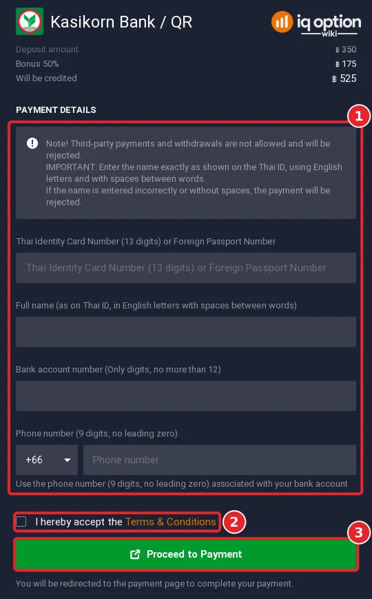 Step 6: Thai bank QR payment details on IQ Option: Thai ID, full name, bank account and phone number
