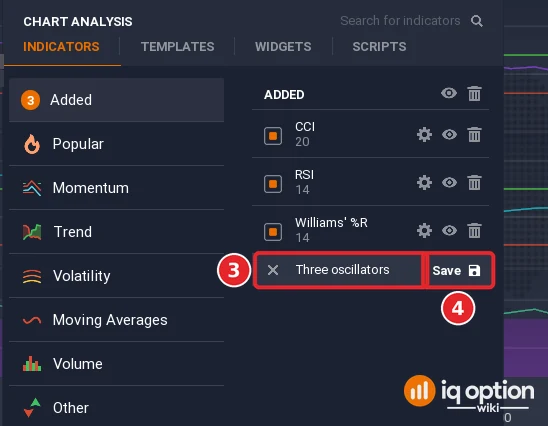 Chart analysis Added list with a template name typed in the name row (3) and the Save button (4)