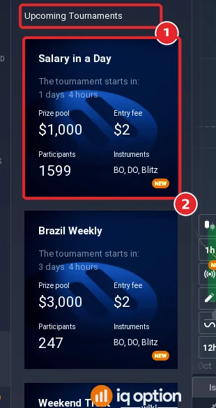 IQ Option Upcoming Tournaments list with Salary in a Day and Brazil Weekly cards showing when each tournament starts, its prize pool, entry fee and participants