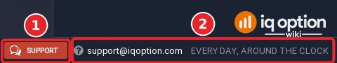 IQ Option traderoom footer: the Support button, the support email and the note every day, around the clock