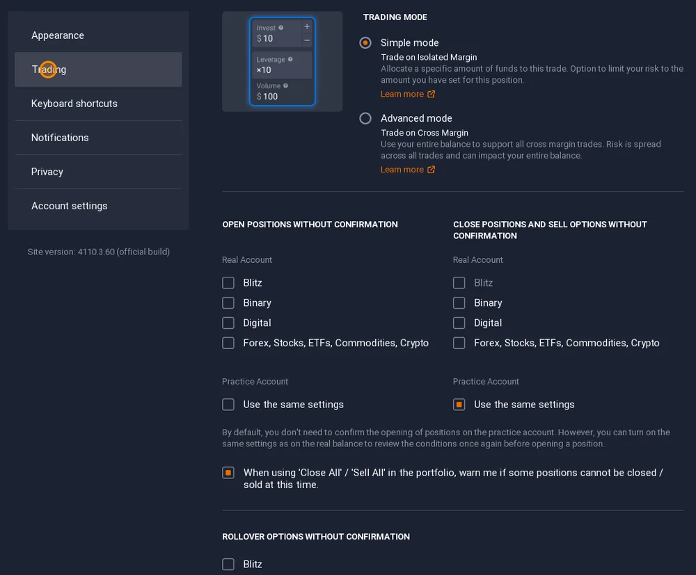 IQ Option trading settings: Simple mode isolated margin or Advanced mode cross margin