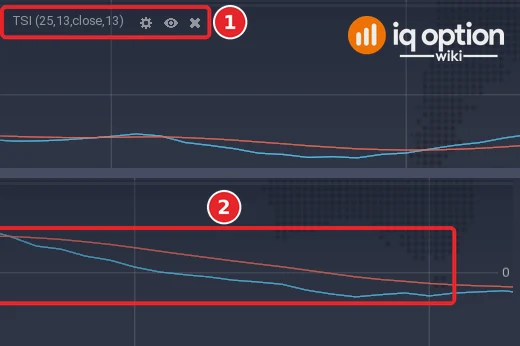 EUR/USD 5-minute chart: the left end of the True Strength Index panel with its title (1), and its right end with the lines (2) and the scale
