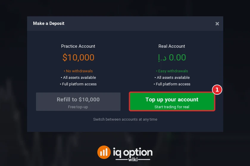 Step 2: Top up your account in the Make a Deposit window; the real account is in dirham
