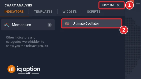 Chart analysis search box with Ultimate typed in (1) and the Ultimate Oscillator result (2)