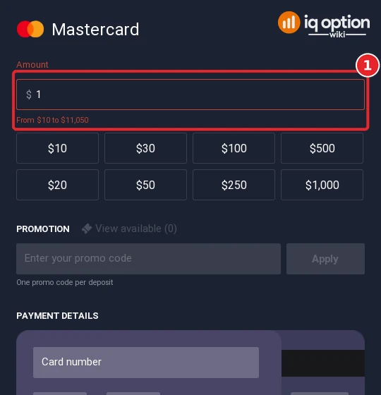 Typing 1 dollar shows the Mastercard range from 10 to 11,050 dollars