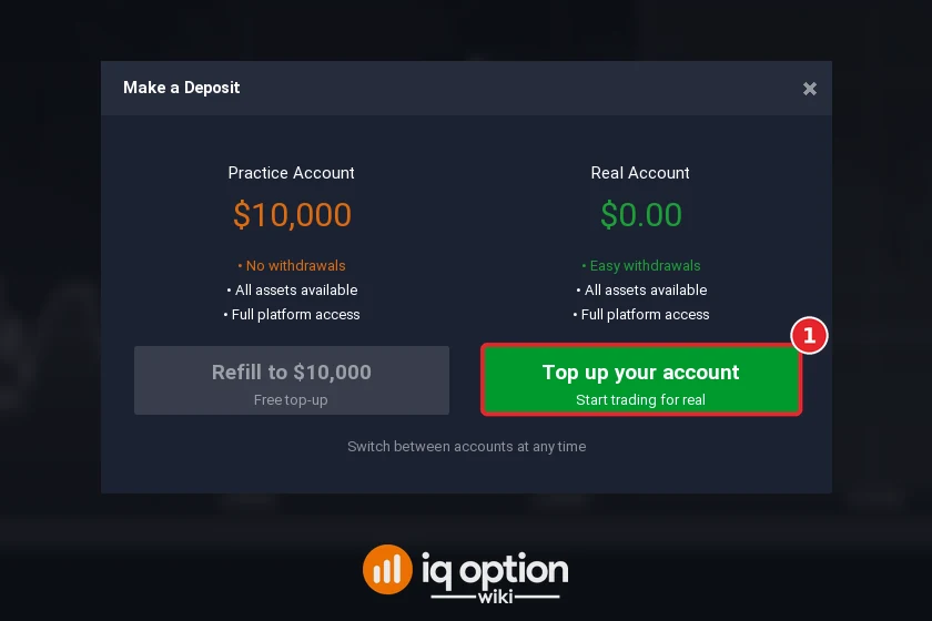 Step 2: Top up your account in the Make a Deposit window; the real account starts at zero
