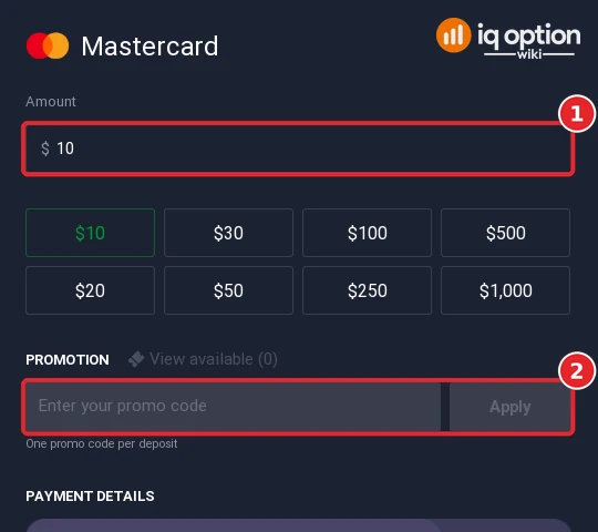 Step 5: a 10 dollar Mastercard deposit; the promotion box is empty because no bonus code applies