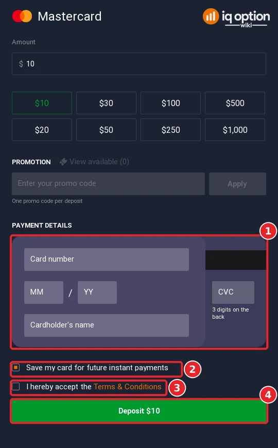 Step 6: the card details form with the save-card box, the terms box and the Deposit 10 dollar button