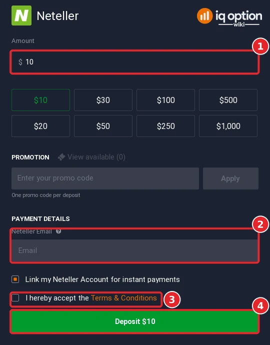 The Neteller deposit form with the amount, Neteller email field, terms box and Deposit button