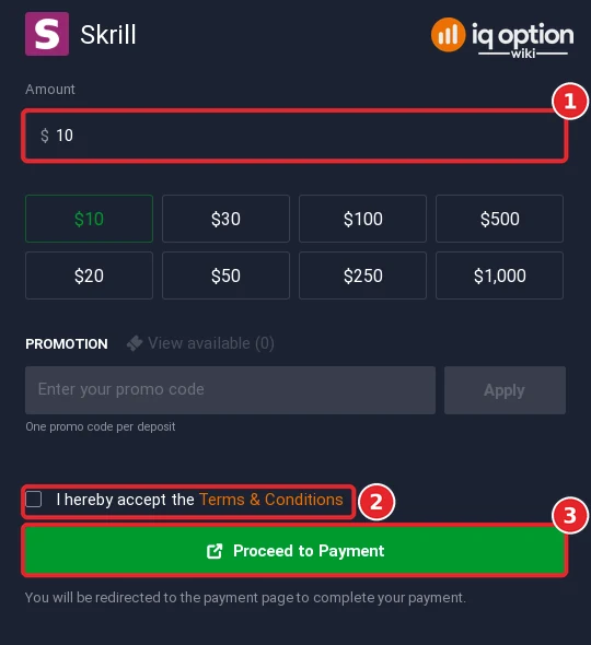 The Skrill deposit form with the amount, terms box and Proceed to Payment button