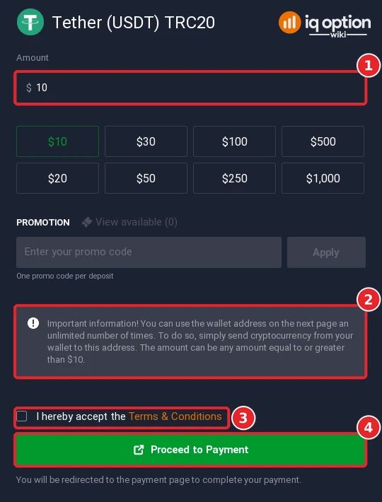 The Tether (USDT) TRC20 deposit form with the wallet-address note and Proceed to Payment button