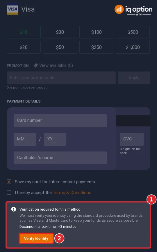 The Visa form with the notice that identity verification is required before this method can be used