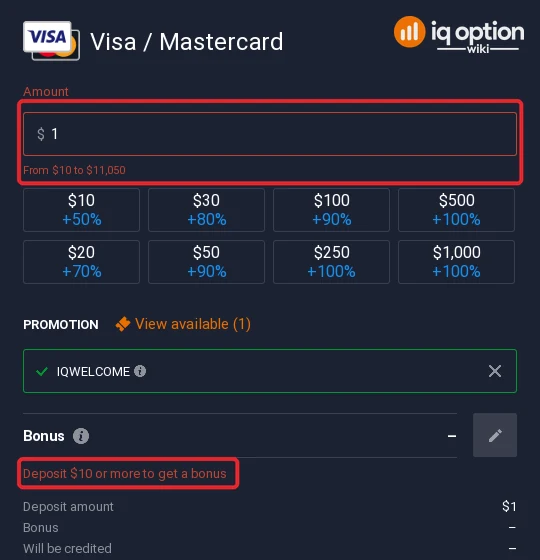 Visa / Mastercard accepts $10 to $11,050 on IQ Option; the bonus starts at $10