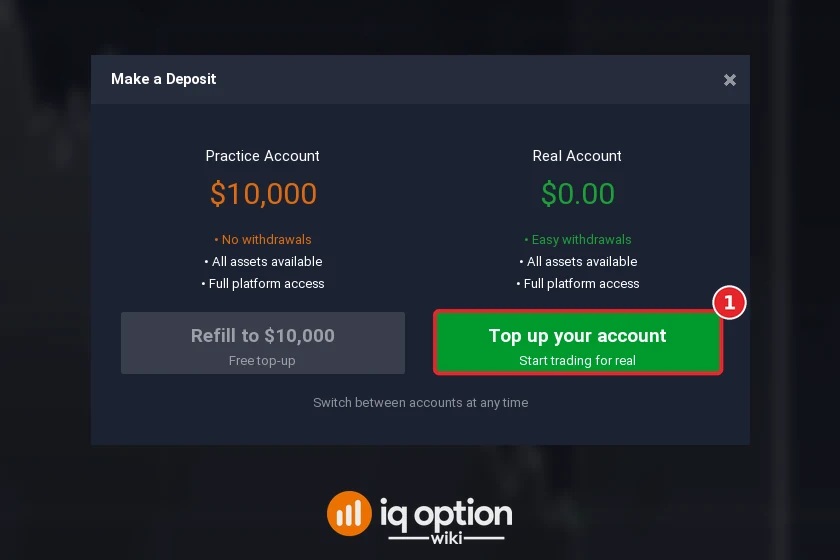 Step 2: Top up your account in the Make a Deposit window; the real account starts at zero