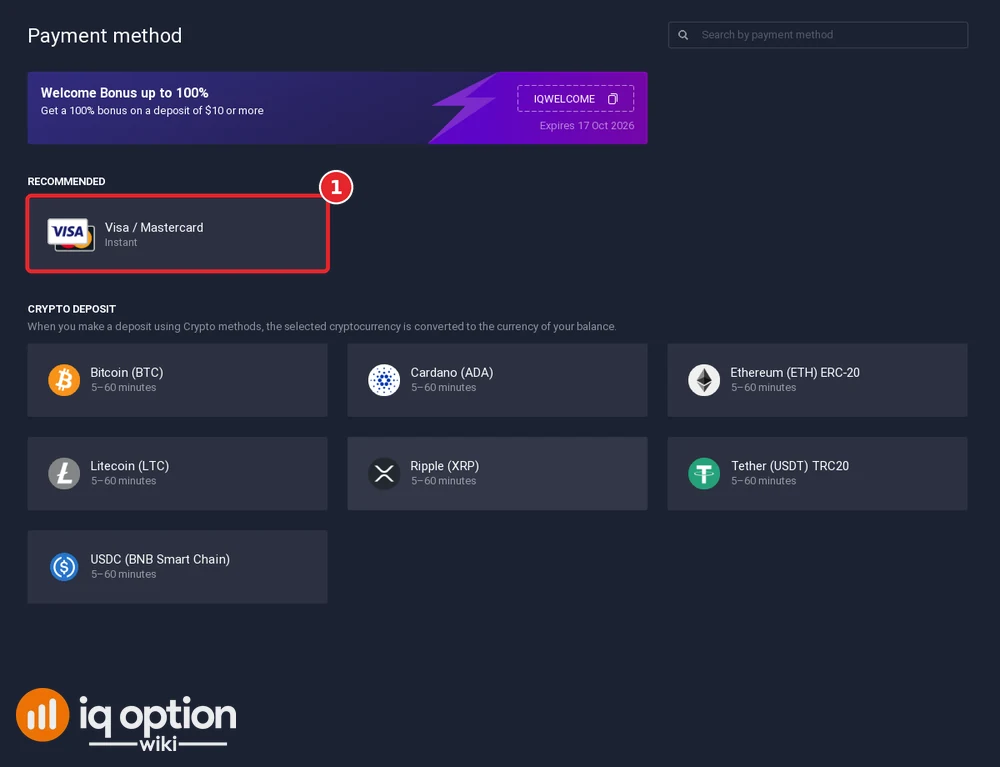 Step 3: the IQ Option cashier for Venezuela, with Visa / Mastercard selected