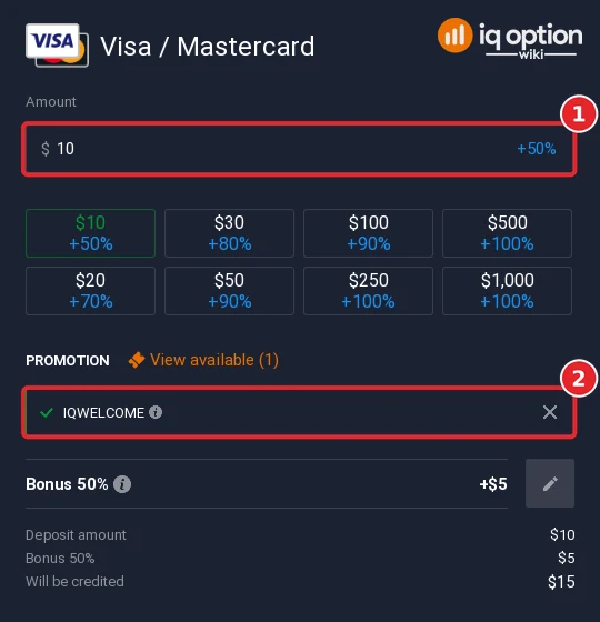 Step 5: a $10 card deposit with the IQWELCOME bonus code applied