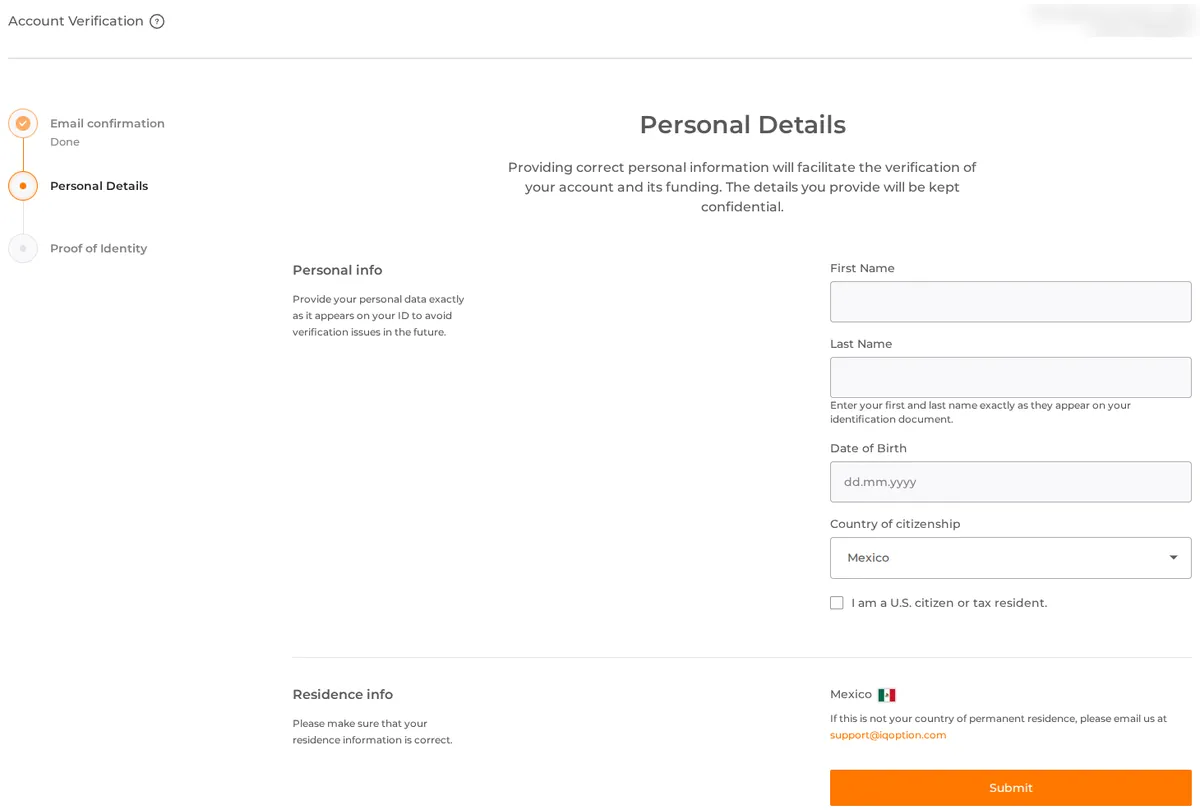 IQ Option account verification steps: email, personal details, proof of identity