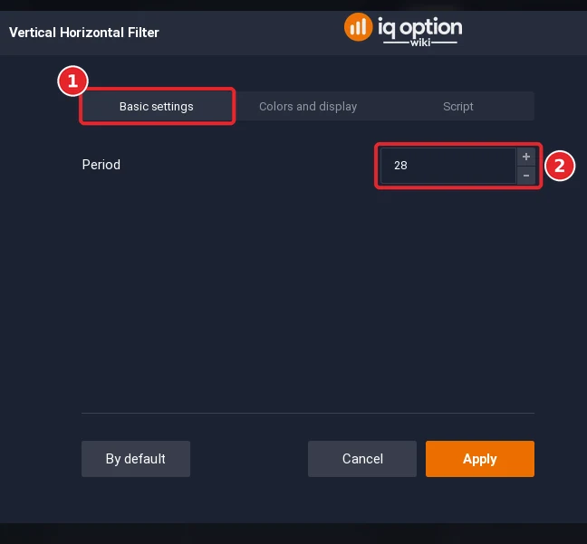 Vertical Horizontal Filter dialog on the Basic settings tab (1) with 1 setting (2)