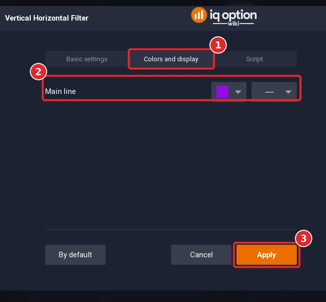Vertical Horizontal Filter dialog on the Colors and display tab (1) with the colour rows (2) and the Apply button (3)