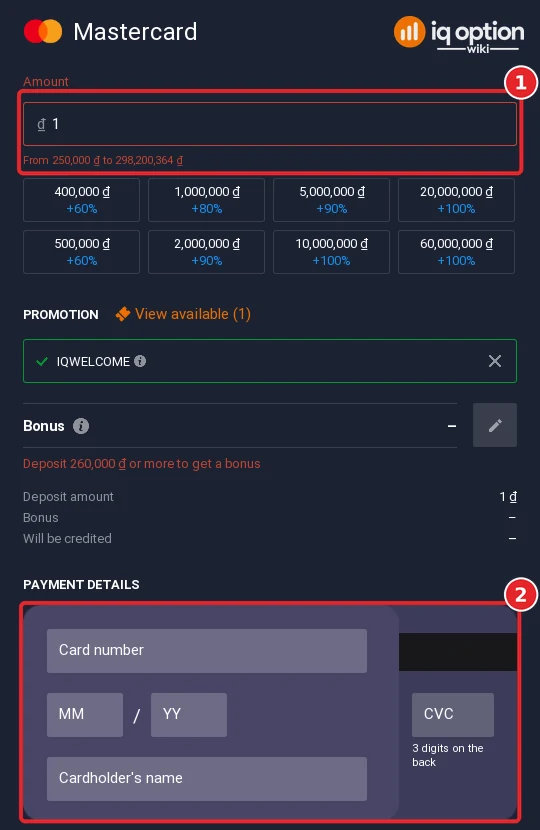 Mastercard deposit on IQ Option in Vietnam: 250,000 to 298,200,364 dong and the card form