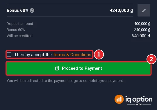 Step 6: accept the terms and click Proceed to Payment; Vietcombank QR needs no other details