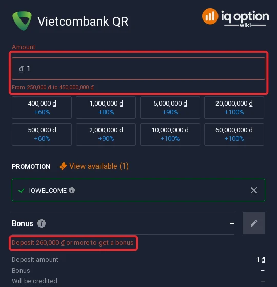 Vietcombank QR accepts 250,000 to 450,000,000 dong on IQ Option; the bonus starts at 260,000 dong