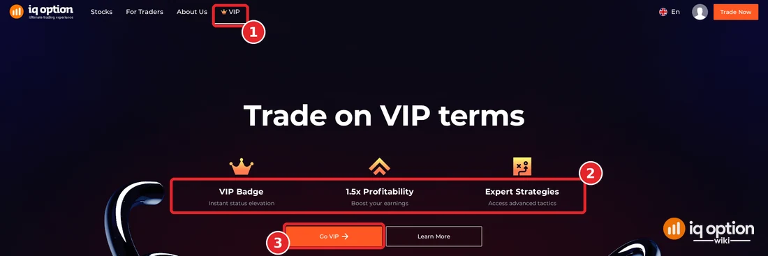 IQ Option VIP page with the VIP tab in the top menu, the headline Trade on VIP terms, the VIP Badge, 1.5x Profitability and Expert Strategies highlights and the Go VIP button
