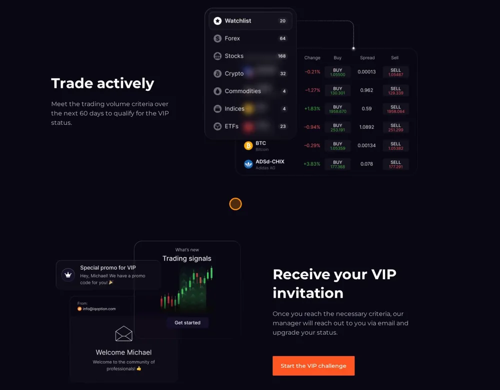 How to become an IQ Option VIP: deposit, trade actively for 60 days, receive the invitation