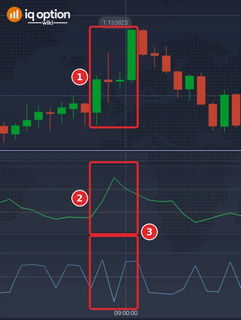 EUR/USD 5-minute chart with a strong move up (1), the Volume Oscillator under it (2) and the Net Volume points for the same candles (3)