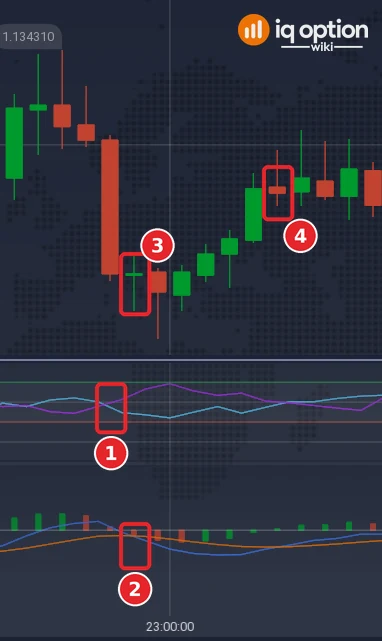 EUR/USD 5-minute chart with the Vortex crossing (1), the MACD crossing (2), the signal candle (3) and the exit candle (4) of a Lower signal