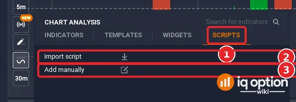 Chart analysis panel of the IQ Option web traderoom on 22 October 2026 with the Scripts tab (1), the Import script row (2) and the Add manually row (3)