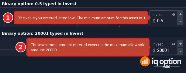 IQ Option binary option amount box on 22 October 2026 with two out-of-range amounts: 0.5 gives the message that the minimum amount for this asset is 1 (1), 20001 gives the message that the amount exceeds the maximum allowable amount of 20000 (2)