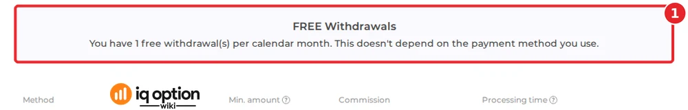 The top of IQ Option's official table for an Algerian account: the free-withdrawal notice (1). The method rows below it include cryptocurrency entries, which we leave out.