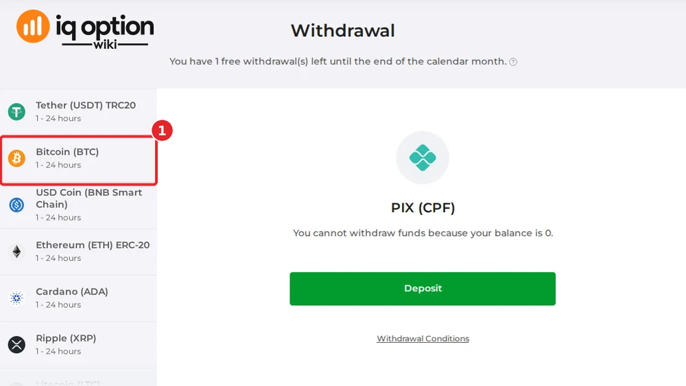 Step 2: the crypto part of the Brazilian withdrawal list: Tether TRC20, Bitcoin, USD Coin, Ethereum, Cardano and Ripple, each 1 to 24 hours
