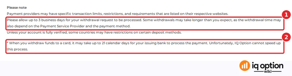 IQ Option's notes under the withdrawal table: allow up to 3 business days, and a withdrawal to a card can take up to 21 calendar days at the issuing bank
