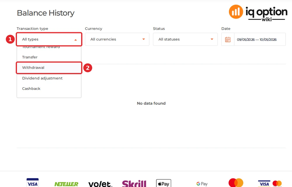 Balance History in IQ Option with the Transaction type filter open and Withdrawal selected
