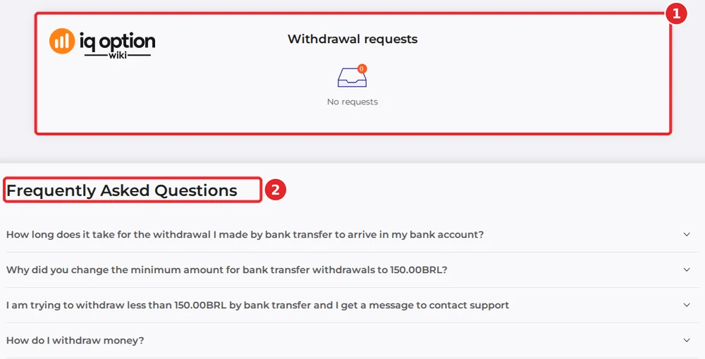 The Withdrawal requests panel at the bottom of the withdrawal page, empty on our account, above the Frequently Asked Questions