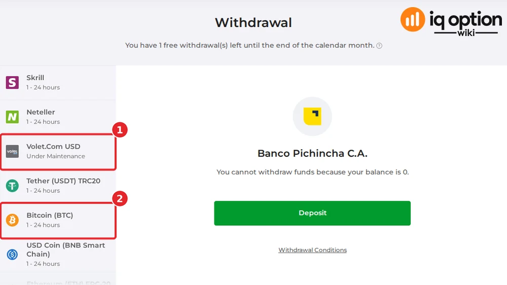 The Ecuadorian list after the banks: Volet.com USD, marked "Under Maintenance" (1), and the coins, starting with Tether and Bitcoin (BTC) (2).