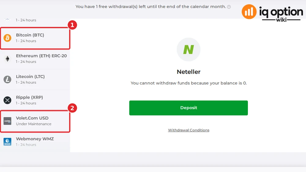 The Kazakh list after the first entries: Bitcoin (BTC) among the coins (1), then Volet.com USD marked "Under Maintenance" (2) and Webmoney WMZ.