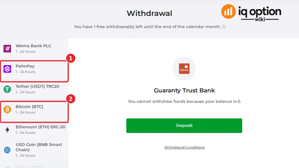Scrolling the Nigerian list shows PalmPay (1) and Bitcoin (BTC) (2), both at 1 to 24 hours.