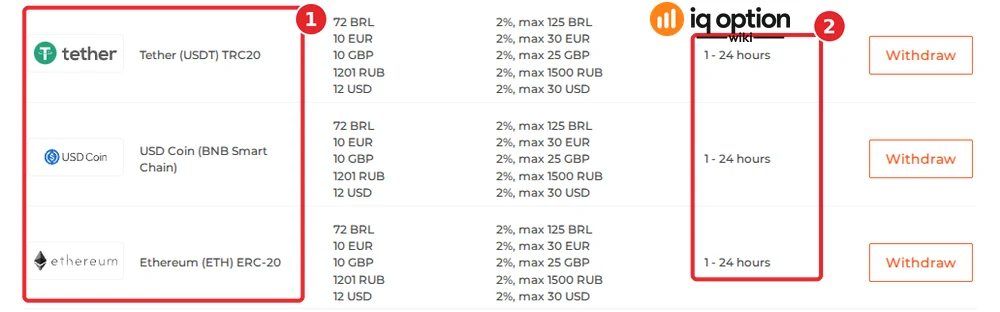 The crypto rows of IQ Option's official withdrawal table for a Brazilian account: Tether (USDT) TRC20, USD Coin (BNB Smart Chain) and Ethereum (ETH) ERC-20, each at 1 to 24 hours