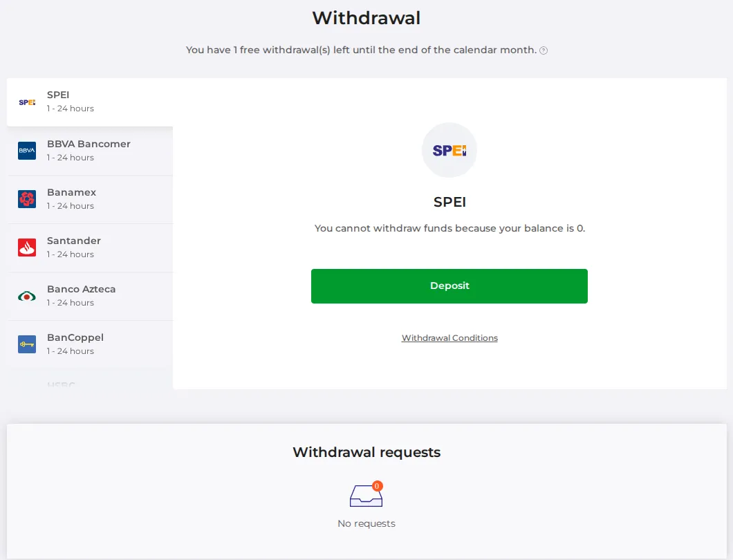IQ Option withdrawal page showing one free withdrawal left this month and Mexican bank methods