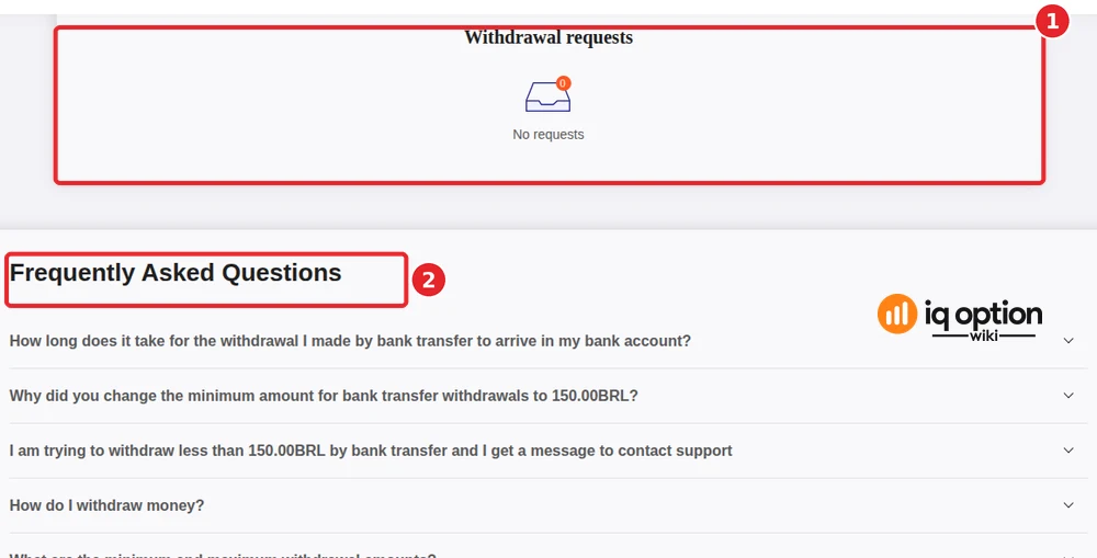 The Withdrawal requests panel (1), empty on our account, above IQ Option's Frequently Asked Questions (2).