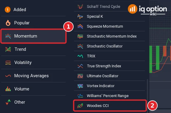 Chart analysis list with the Momentum group (1) and Woodies CCI at the end of the list (2)
