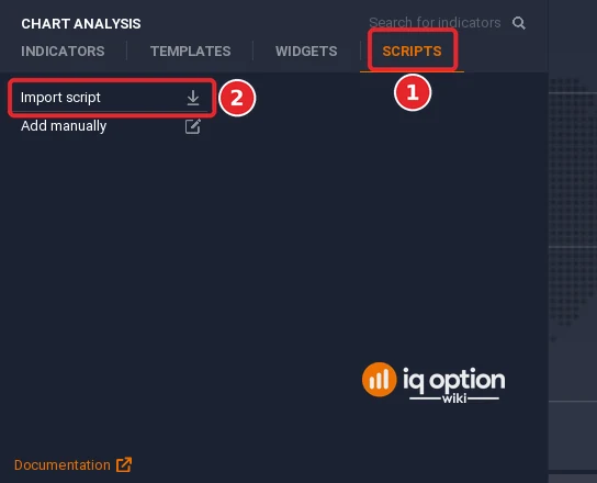 Chart analysis panel on the Scripts tab (1) with the Import script row (2) and the Add manually row