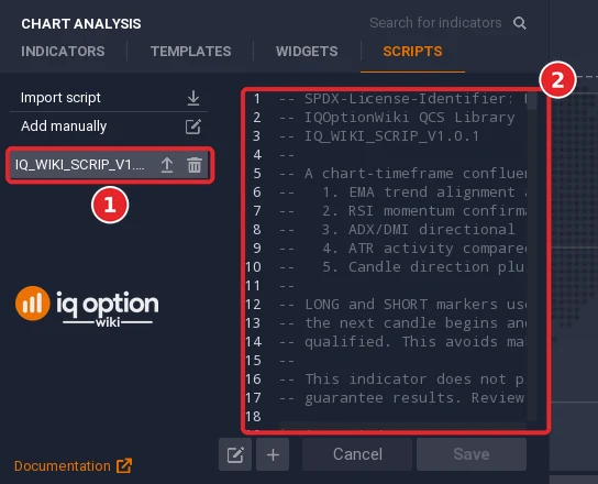 Scripts tab after the import: the row IQ_WIKI_SCRIP_V1.0.1 (1) and its code in the editor (2)