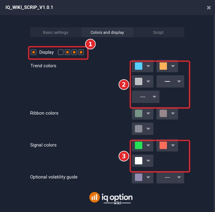 IQ_WIKI_SCRIP_V1.0.1 settings dialog on the Colors and display tab: the Display switches (1), the trend colours (2) and the signal colours (3)
