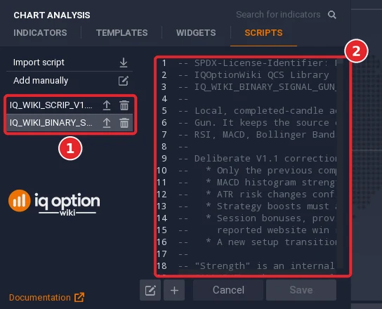 Scripts tab after both imports: the two rows IQ_WIKI_SCRIP_V1.1.0 and IQ_WIKI_BINARY_SIGNAL_GUN_V1.1.0 (1) and the code of the last file in the editor (2)
